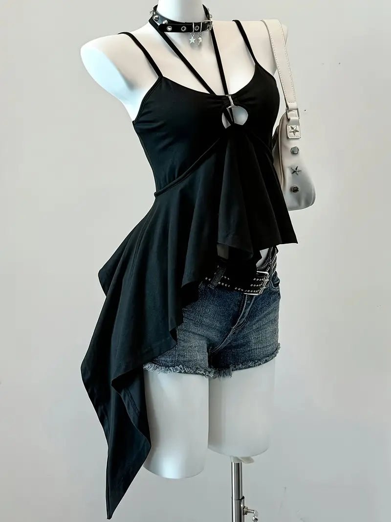 Top de Mujer Negro Asimétrico con Botones Metálicos y Tirantes Spaghetti - BAKONE