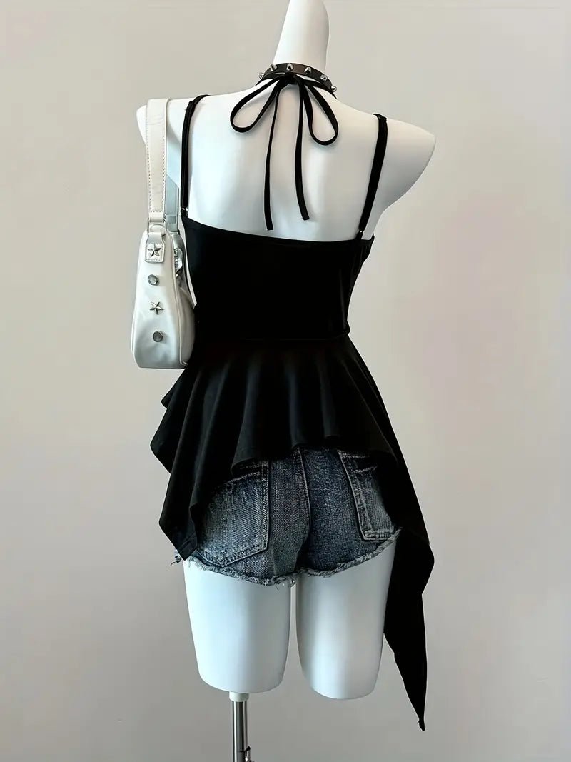 Top de Mujer Negro Asimétrico con Botones Metálicos y Tirantes Spaghetti - BAKONE