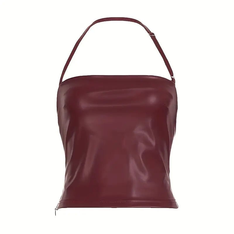 Top Halter de Cuero Sintético para Mujer – Espalda Descubierta y Corte Sexy Ajustable - BAKONE