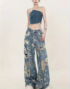 Vaqueros de Pierna Ancha con Estampado Floral Vintage para Mujer - BAKONE