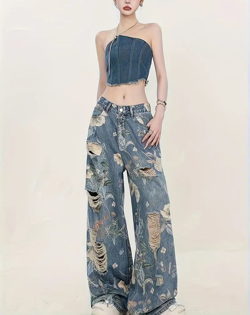 Vaqueros de Pierna Ancha con Estampado Floral Vintage para Mujer - BAKONE