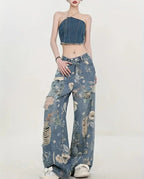 Vaqueros de Pierna Ancha con Estampado Floral Vintage para Mujer - BAKONE