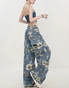 Vaqueros de Pierna Ancha con Estampado Floral Vintage para Mujer - BAKONE