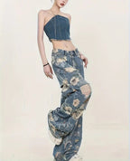 Vaqueros de Pierna Ancha con Estampado Floral Vintage para Mujer - BAKONE