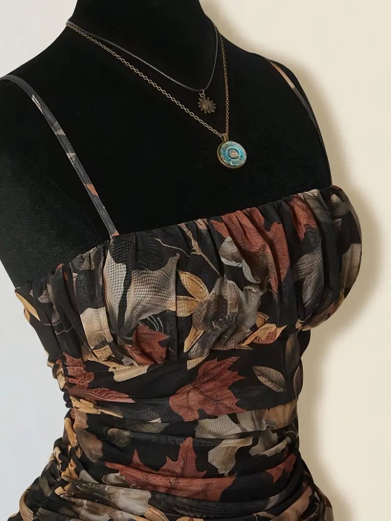 Vestido Acampanado Floral con Volantes y Tirantes Finos - BAKONE