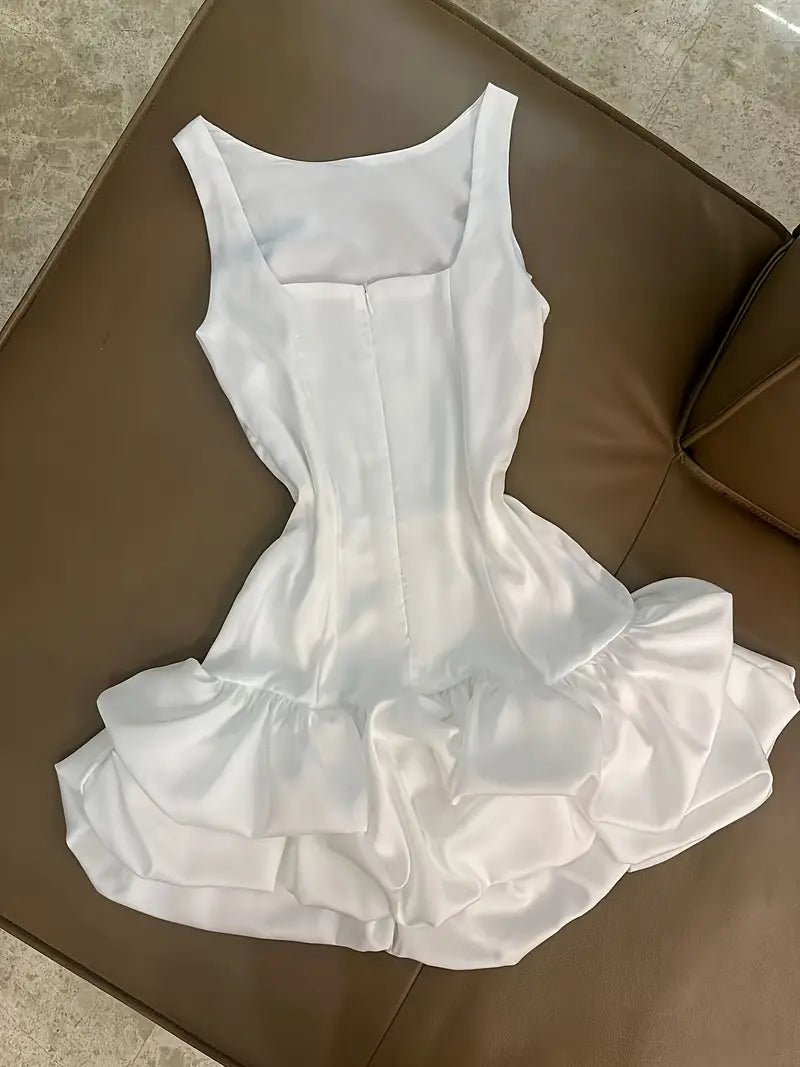 Vestido de Fiesta Elegante Blanco para Mujer – Diseño Corto con Volantes Asimétricos y Cuello Redondo - BAKONE