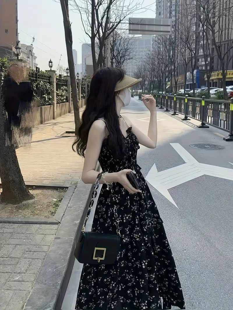 Vestido Elegante Floral con Tirantes y Abertura Lateral — Llegada 2025 - BAKONE